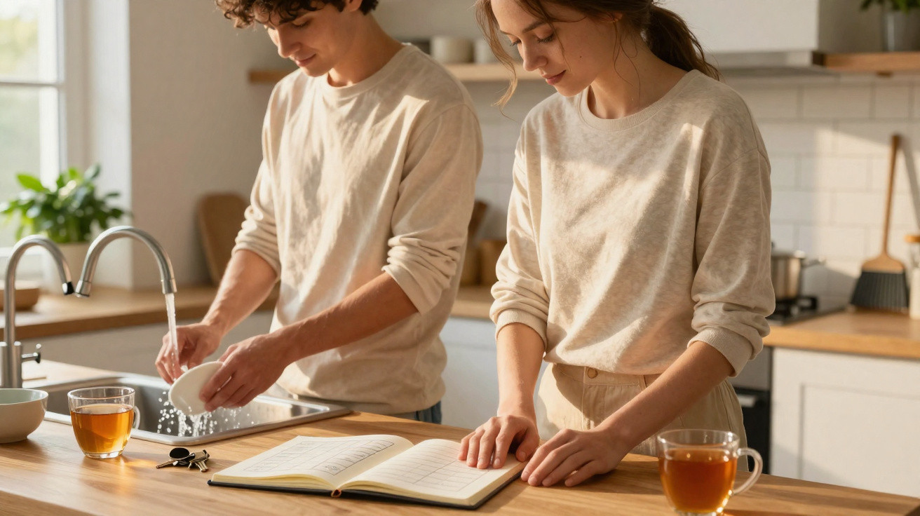 Casal a lavar a loiça e consultar um caderno na cozinha com chá numa bancada de madeira.