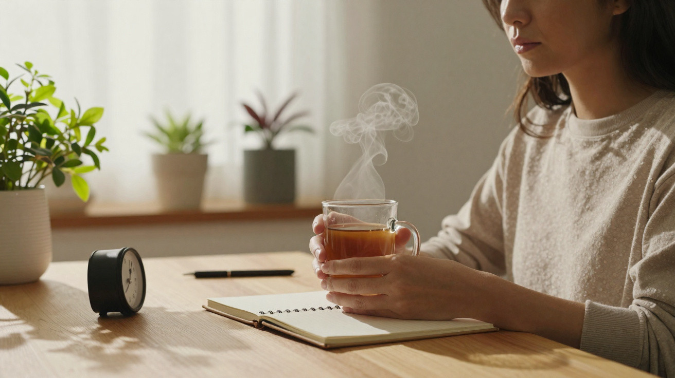 Mulher a segurar chá quente junto a caderno, relógio e plantas sobre mesa de madeira iluminada.