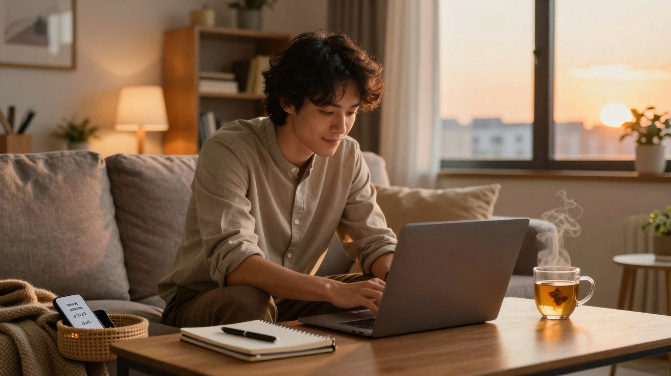 Jovem sentado no sofá a trabalhar num computador portátil com chá fumegante numa mesa de madeira.
