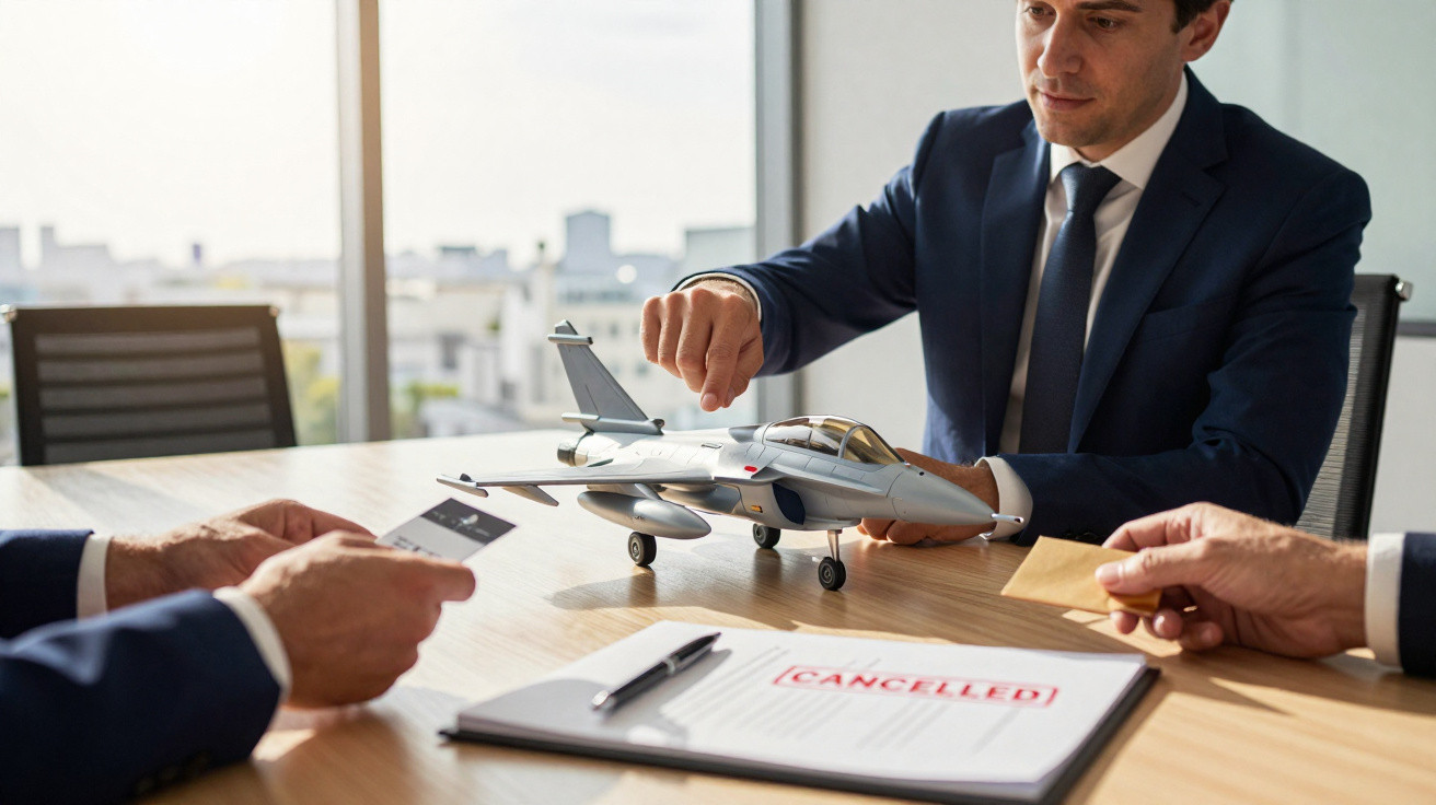 Reunião de empresários com miniatura de avião de combate e documento cancelado à mesa.
