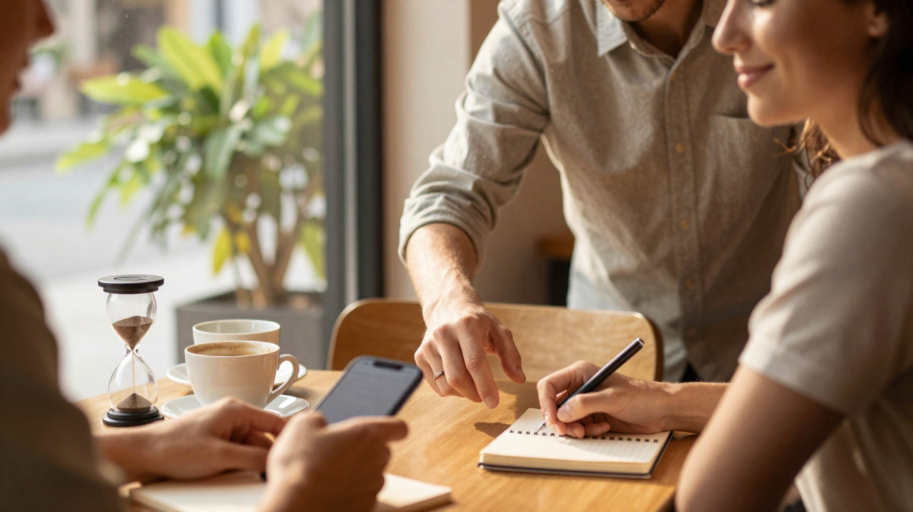 Pessoas reunidas numa mesa com caderno, telemóvel e chávena de café, a planear ou discutir ideias.