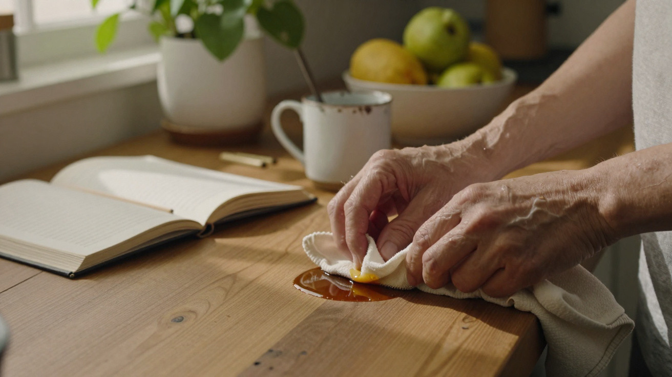 Mãos de pessoa idosa a limpar líquido derramado numa superfície de madeira com um pano branco junto a livro e fruta.