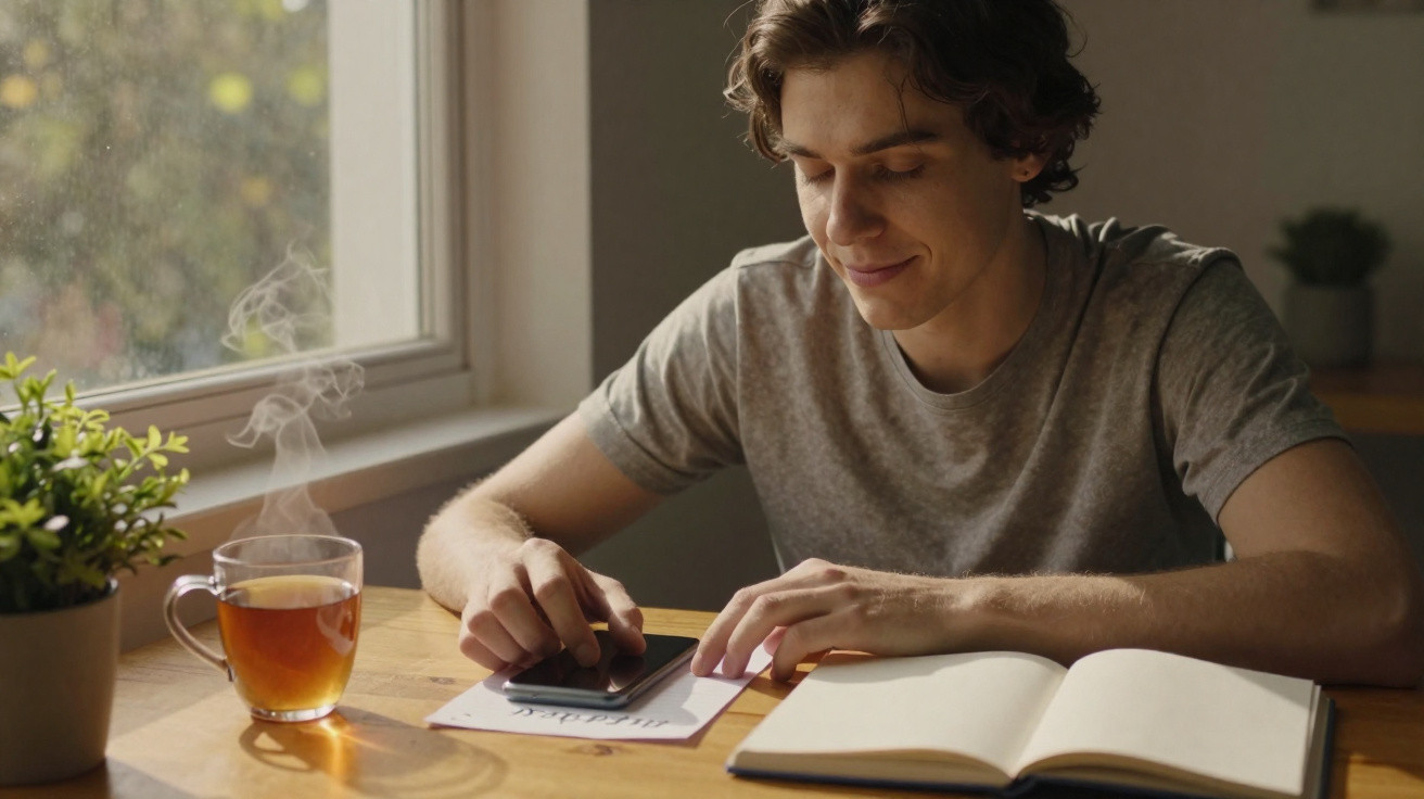 Jovem sentado à mesa com chá quente, a usar telemóvel, livro aberto e luz natural pela janela.