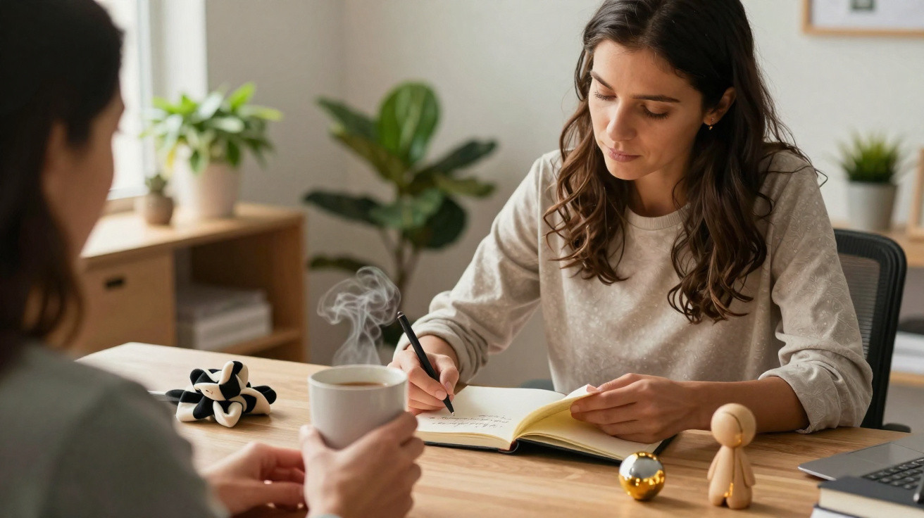 Duas mulheres numa mesa, uma a beber café e outra a escrever num caderno num ambiente acolhedor.