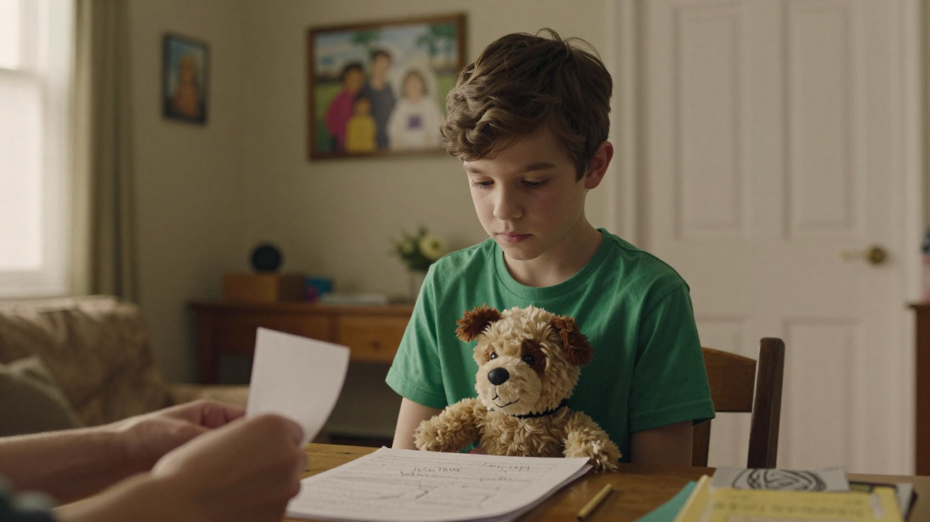 Rapaz sentado a olhar documentos numa mesa com um peluche, numa divisão com decoração familiar.