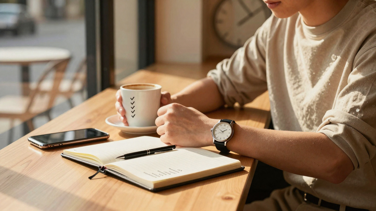 Pessoa segurando chávena de café ao lado de caderno aberto, telemóvel e caneta numa mesa de madeira.