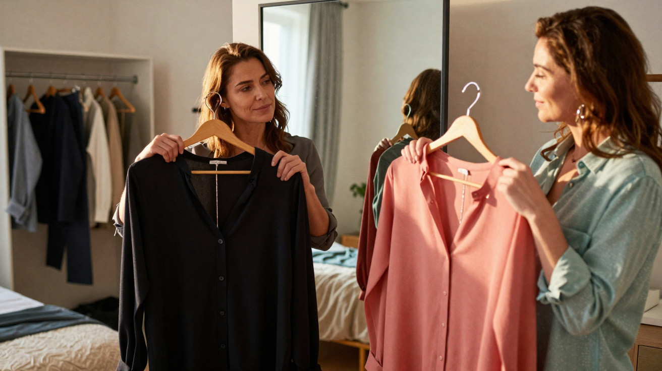 Mulher a comparar duas camisas, uma preta e outra rosa, à frente de um espelho num quarto.