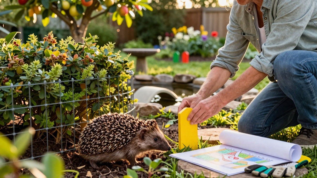 Homem ajoelhado no jardim a observar um ouriço-cacheiro próximo de plantas e desenhos coloridos.