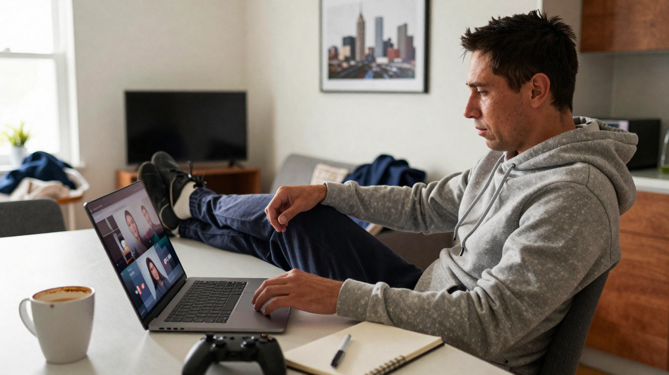 Homem sentado com os pés na mesa a participar numa videoconferência num portátil, com café e caderno à frente.