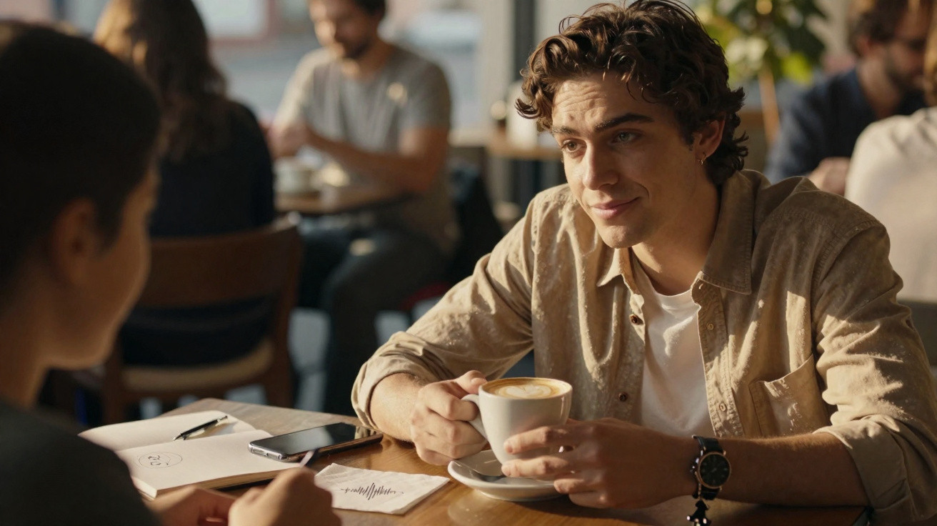 Jovem a sorrir enquanto segura uma chávena de café numa mesa de café com outra pessoa.