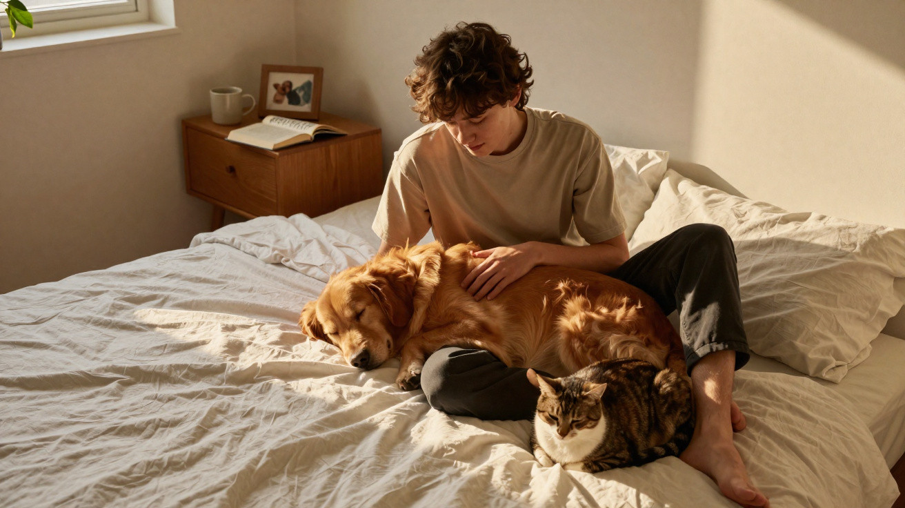 Jovem sentado na cama a fazer carinho num cão dourado adormecido e a um gato sentado ao seu lado.
