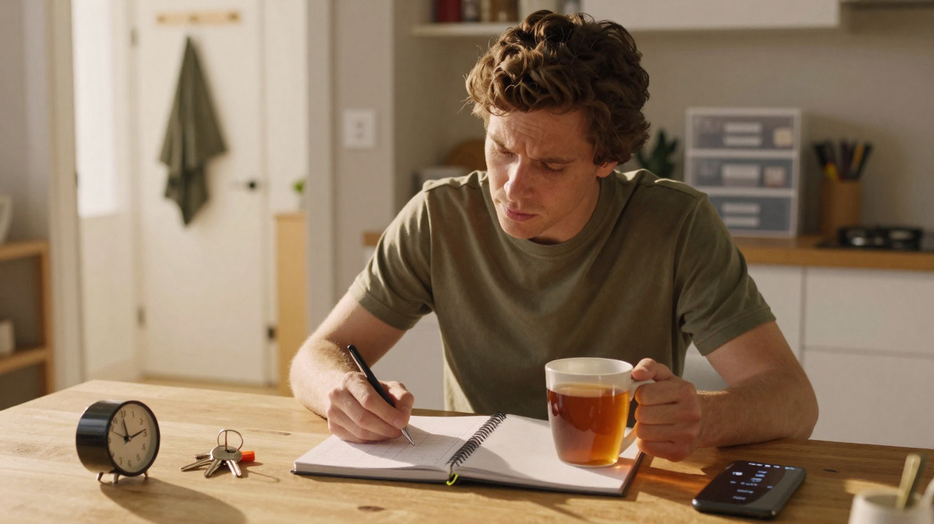 Homem sentado à mesa a escrever num caderno, segurando uma chávena de chá, com relógio e telemóvel à frente.