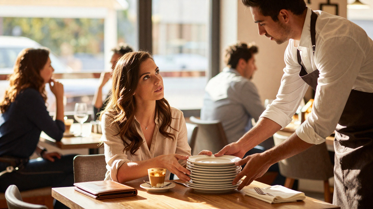 Cliente recebe pratos empilhados de empregado num café, com chávena de café na mesa e outras pessoas ao fundo.