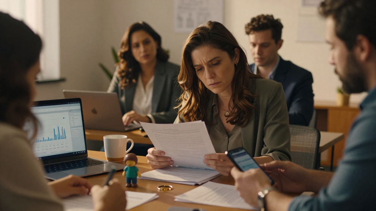 Equipa de quatro pessoas em reunião de trabalho, uma mulher lê documento com expressão concentrada.