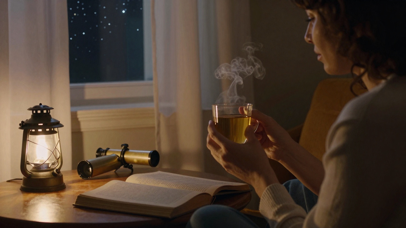 Pessoa a segurar chá quente junto a livro aberto, lanterna acesa e telescópio numa mesa ao lado da janela à noite.