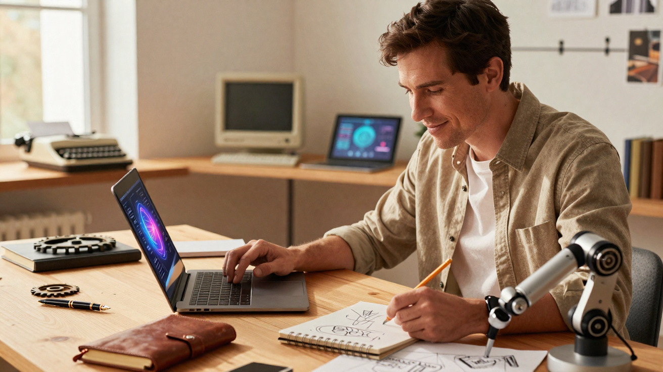 Homem a trabalhar num projeto de robótica com laptop e desenhos numa mesa de madeira clara.