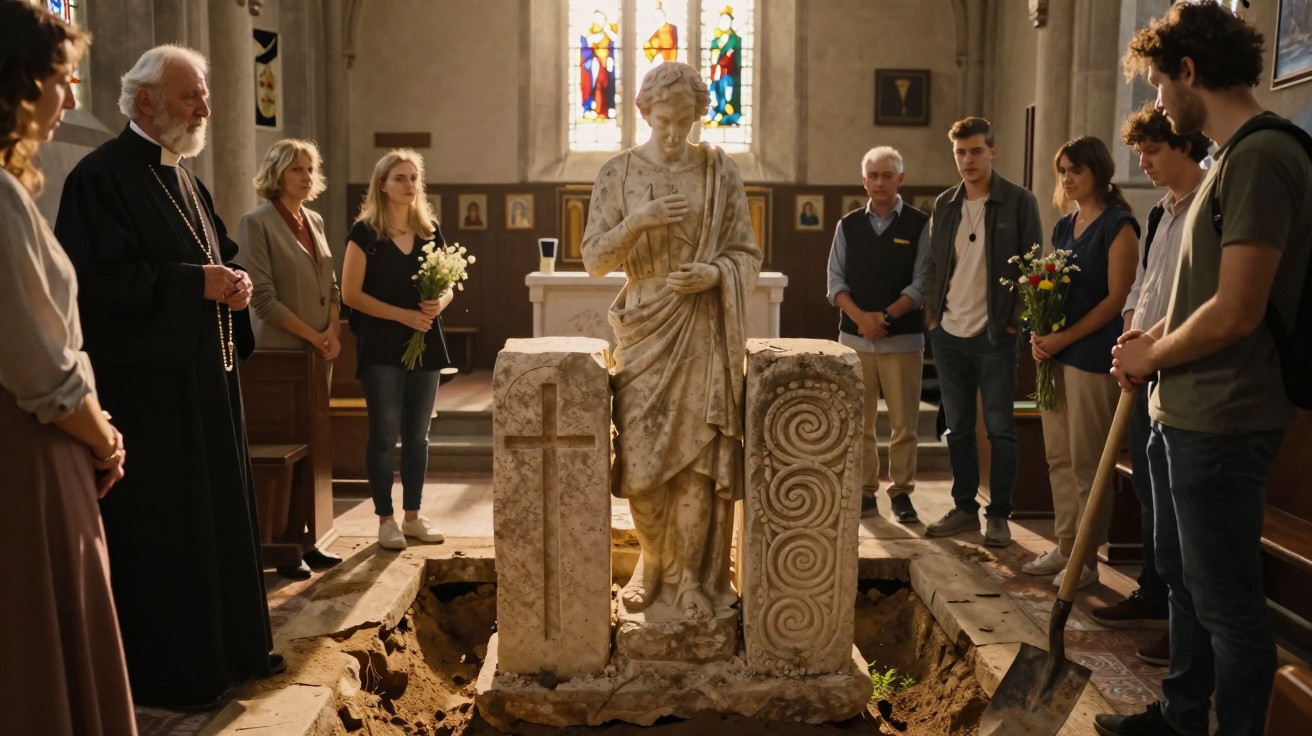 Grupo de pessoas em igreja, em redor de sepultura aberta com estátua e flores, em momento solene.