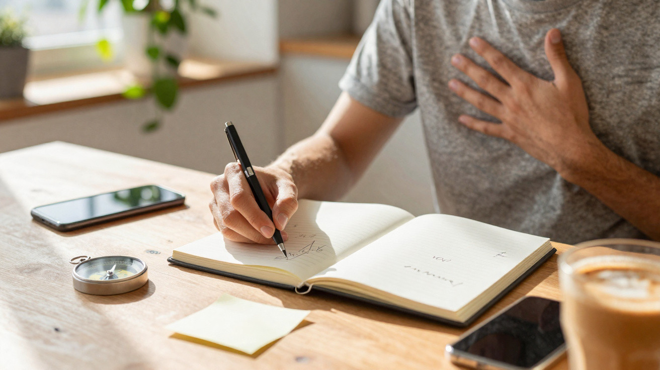 Pessoa a escrever num caderno com uma mão no peito, à mesa com telemóvel, bússola e café ao lado.