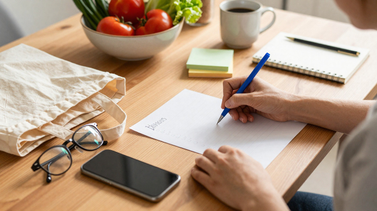 Pessoa a escrever uma lista de compras numa folha, com telemóvel, copo, caderno, e vegetais na mesa.