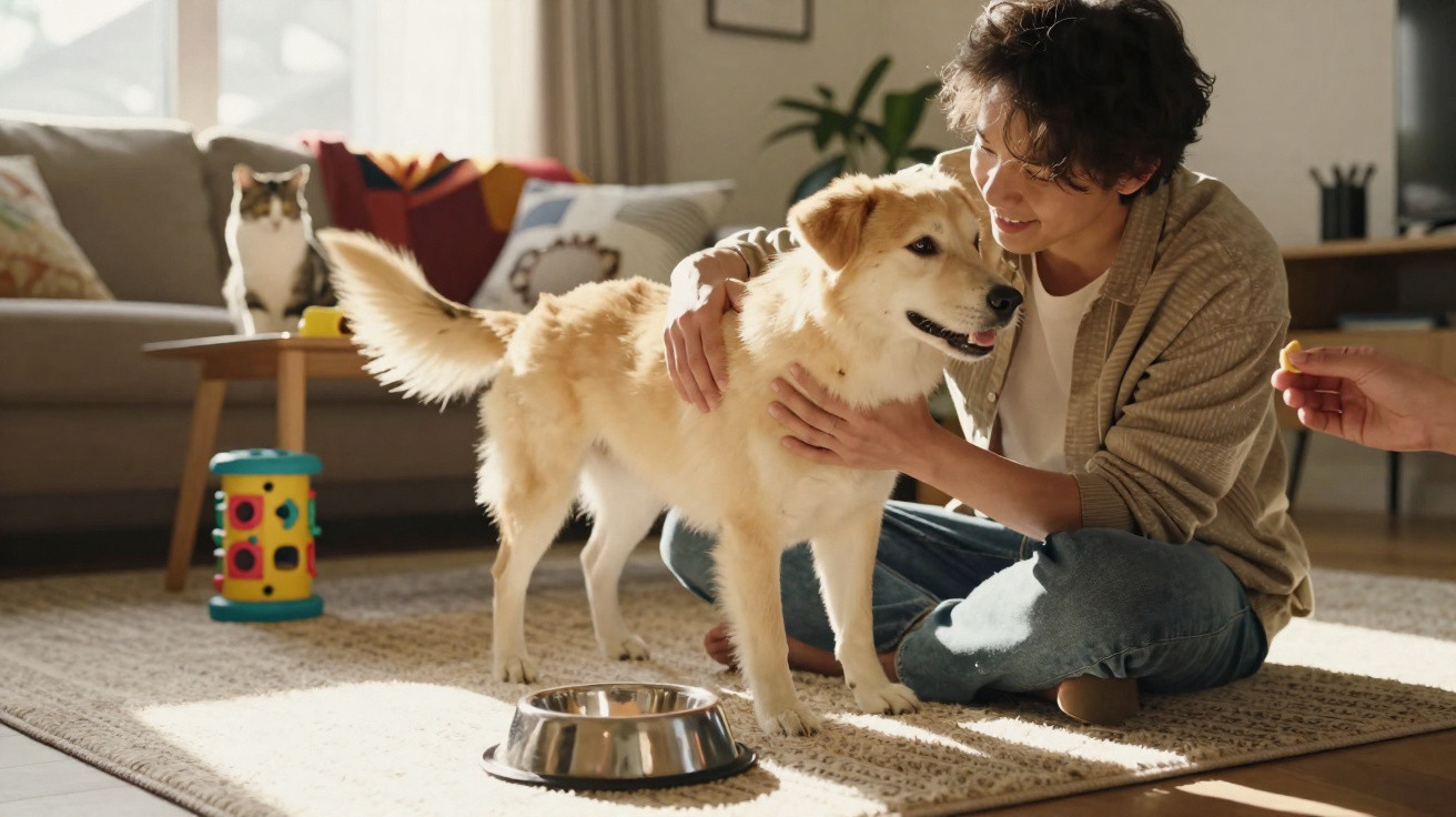 Pessoa a brincar e acariciar um cão num ambiente doméstico, com gato no sofá ao fundo.