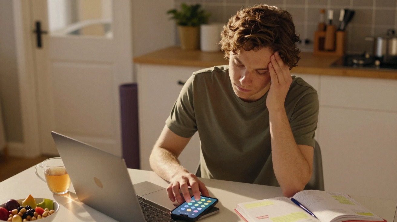 Jovem sentado à mesa com laptop, livros, fruta e chá, aparentando cansaço ou frustração.