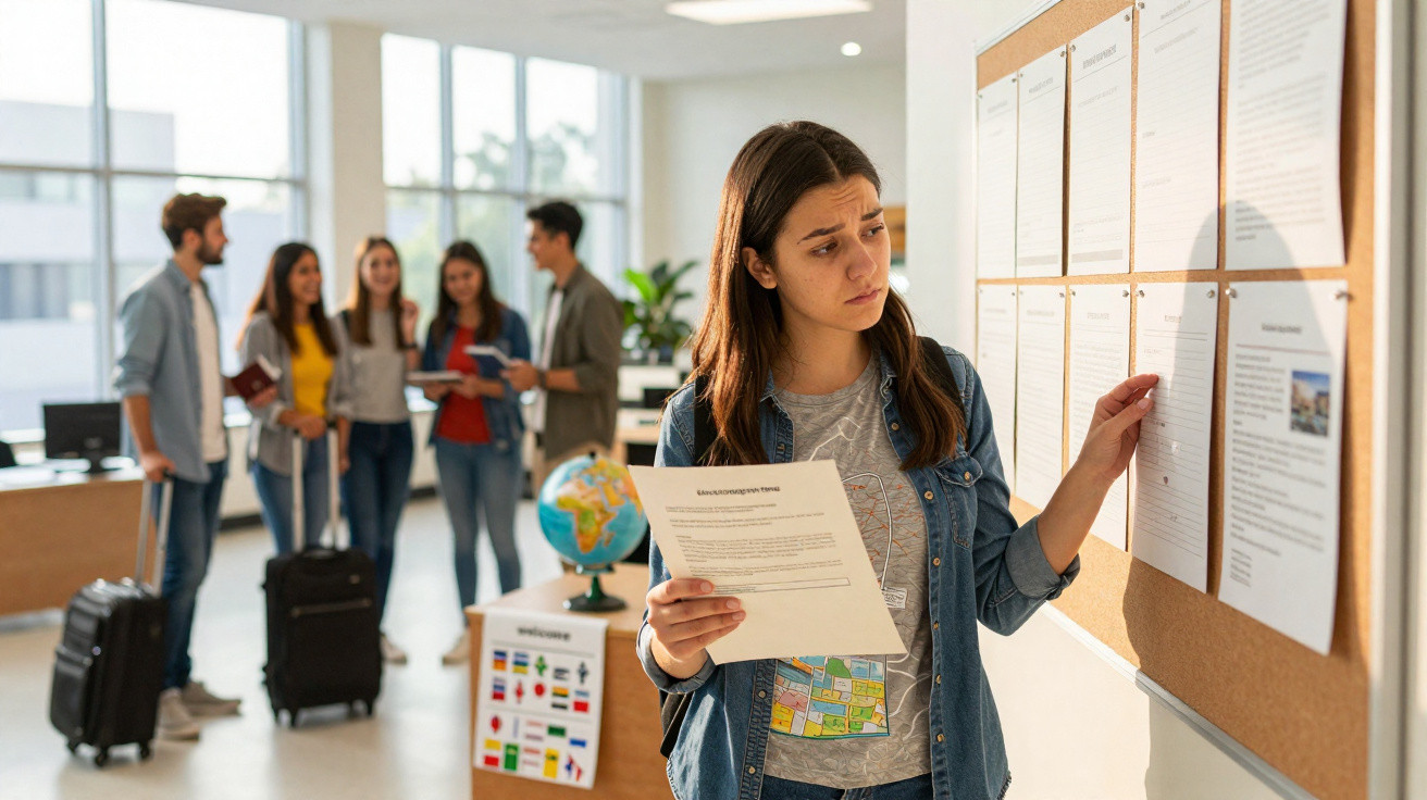 Jovem mulher examina anúncio num quadro de informações, com grupo de pessoas e malas ao fundo numa receção.