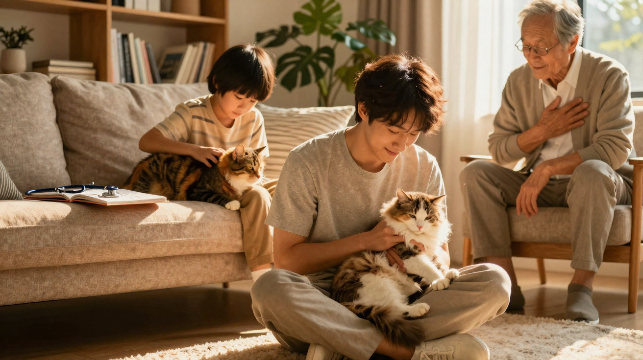 Três gerações de homens numa sala iluminada, cada um a acariciar um gato com carinho.