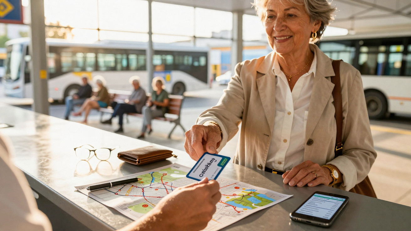 Mulher sénior compra bilhete num posto de transporte com mapa e autocarros ao fundo.
