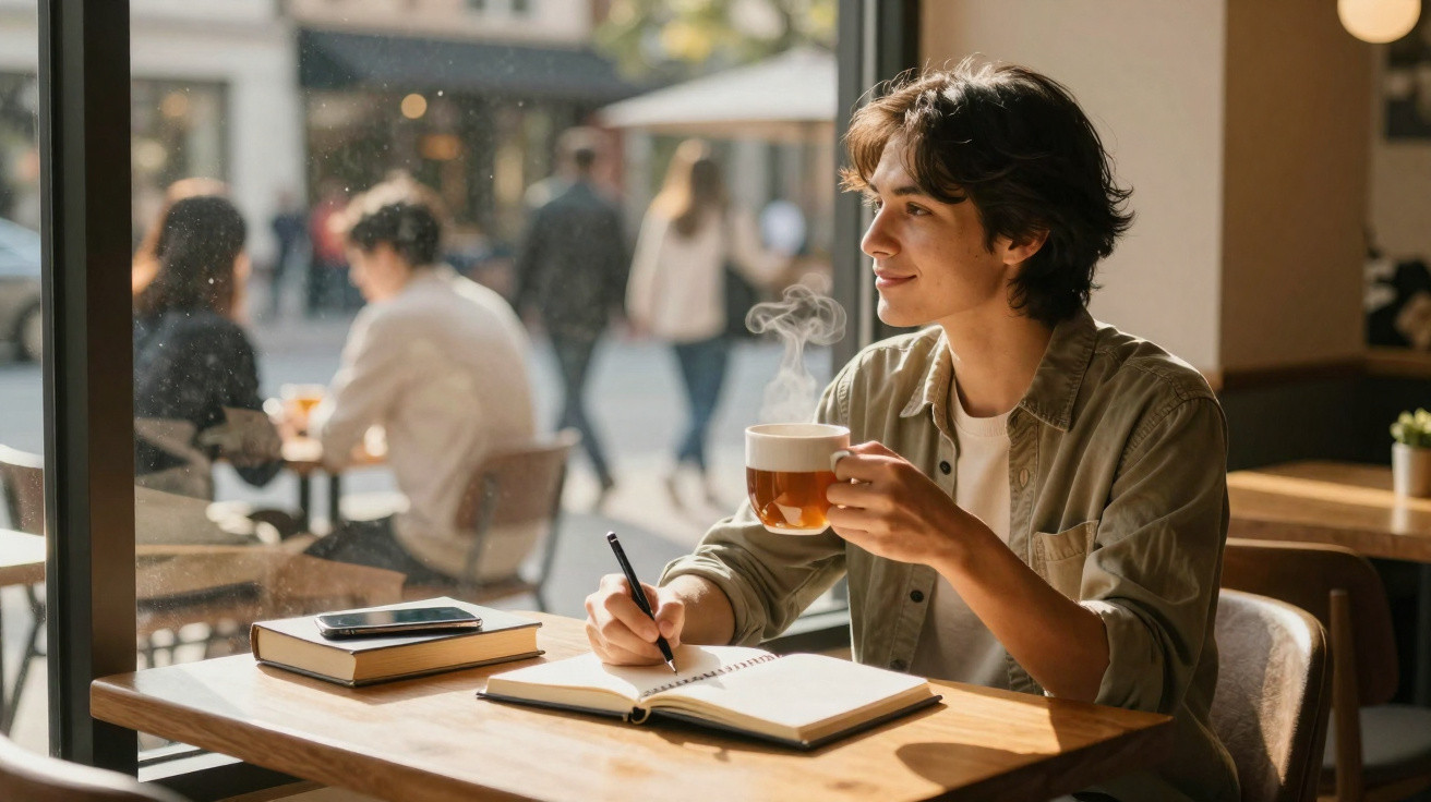 Jovem sentado numa cafetaria, a escrever num caderno enquanto segura uma chávena com bebida quente.