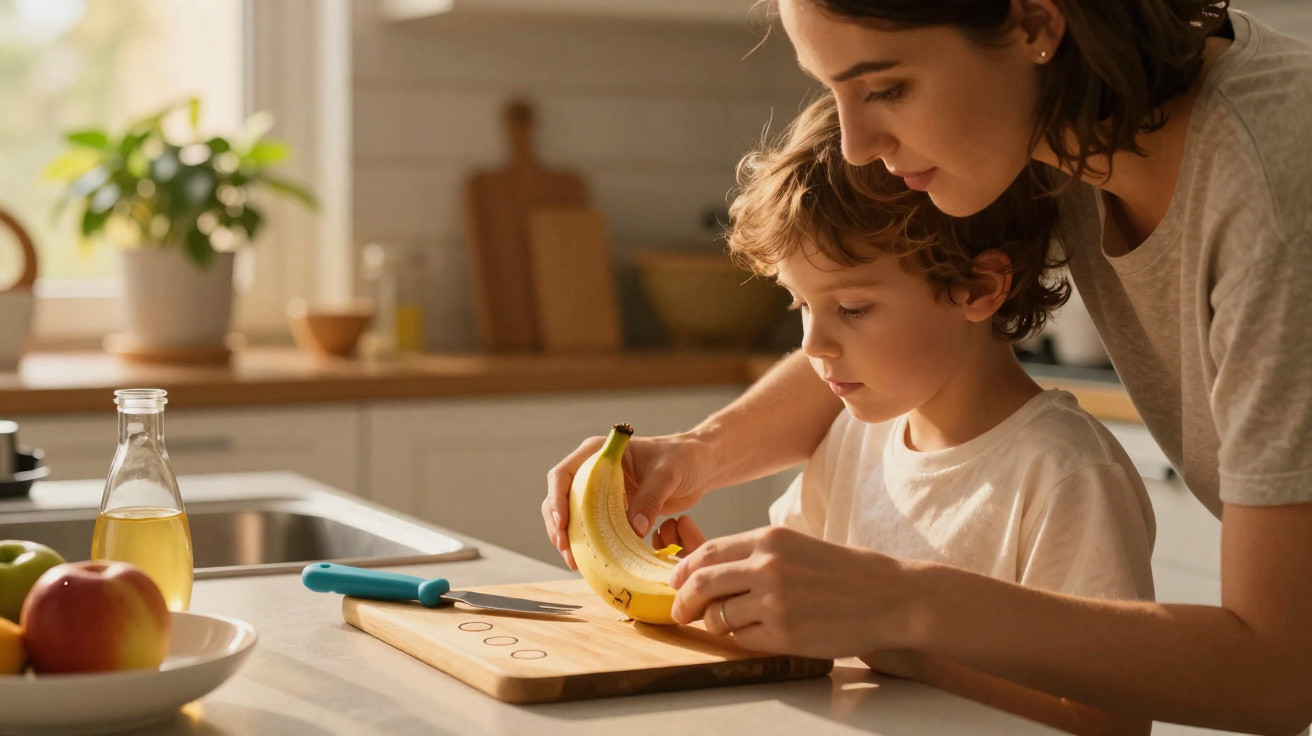 Mãe ajuda filho a descascar uma banana numa cozinha iluminada e acolhedora.