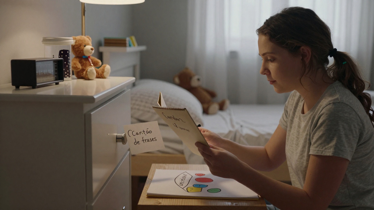 Mulher sentada a ler notas em caderno junto a móvel com nota "Cantão de frases" num quarto com ursinhos de peluche.