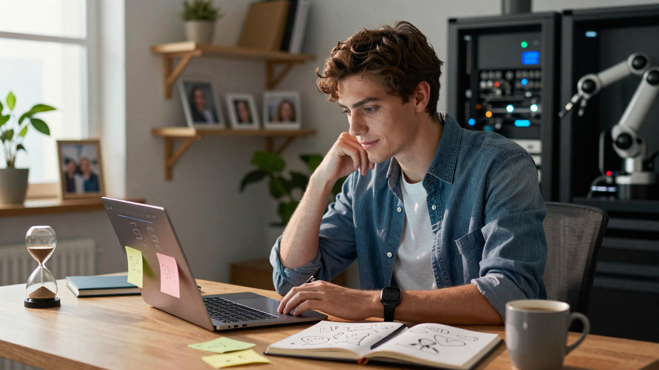 Jovem sentado a trabalhar num computador portátil com caderno de desenhos e caneca numa mesa, em ambiente luminoso.