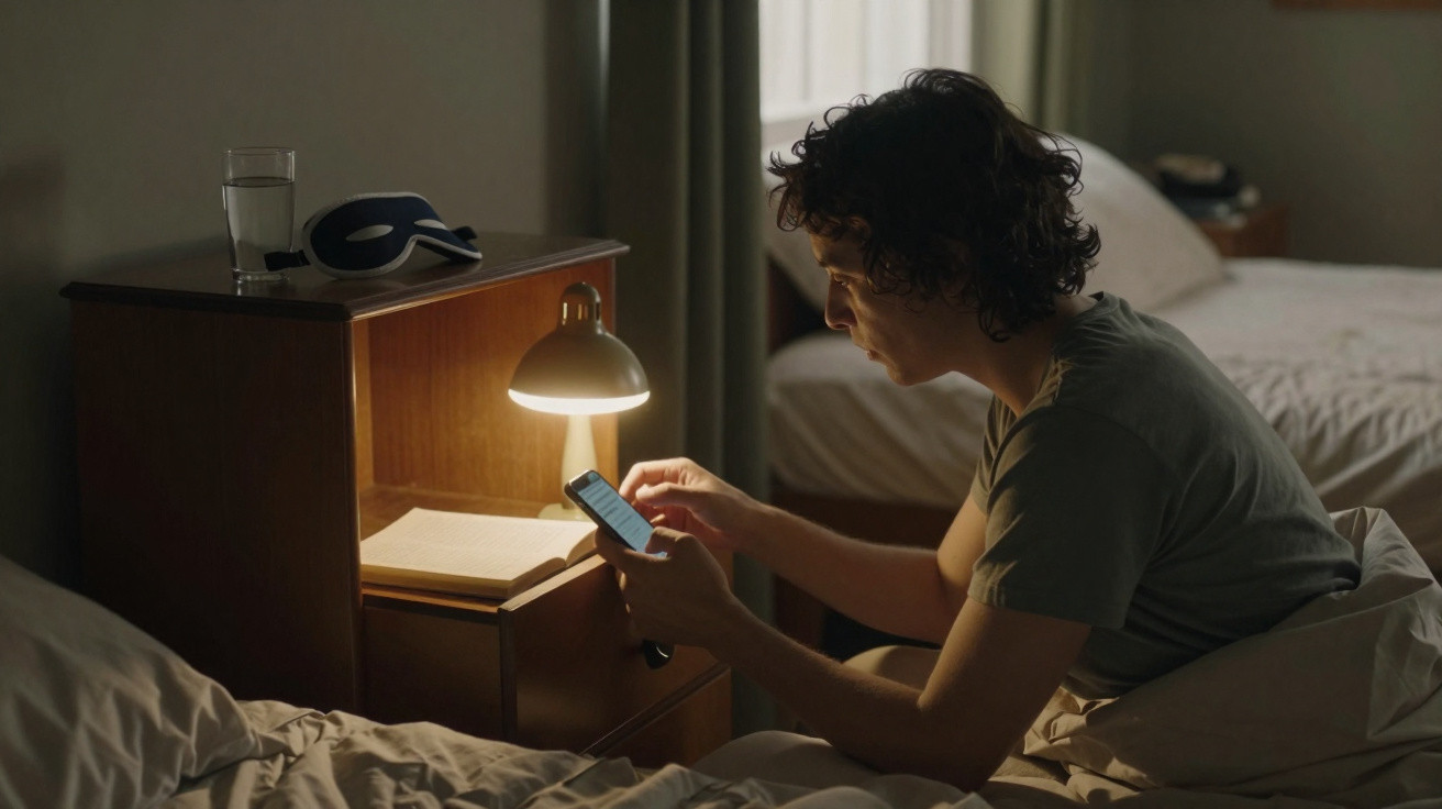 Pessoa sentada na cama a usar telemóvel ao lado de uma mesa de cabeceira com livro e abajur aceso.