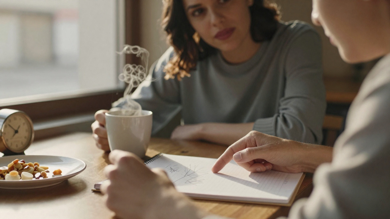 Duas pessoas sentadas à mesa, uma delas aponta para um caderno enquanto a outra segura uma chávena quente.
