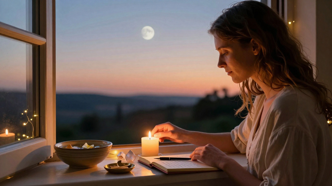 Mulher acende vela enquanto escreve num caderno junto à janela ao anoitecer com a lua visível no céu.