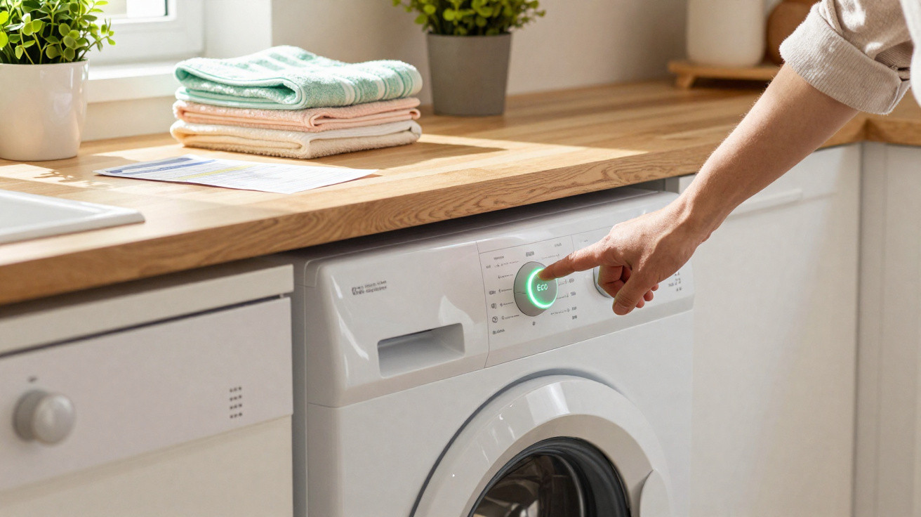 Mão a selecionar o programa Eco numa máquina de lavar roupa branca numa cozinha com bancada e plantas.