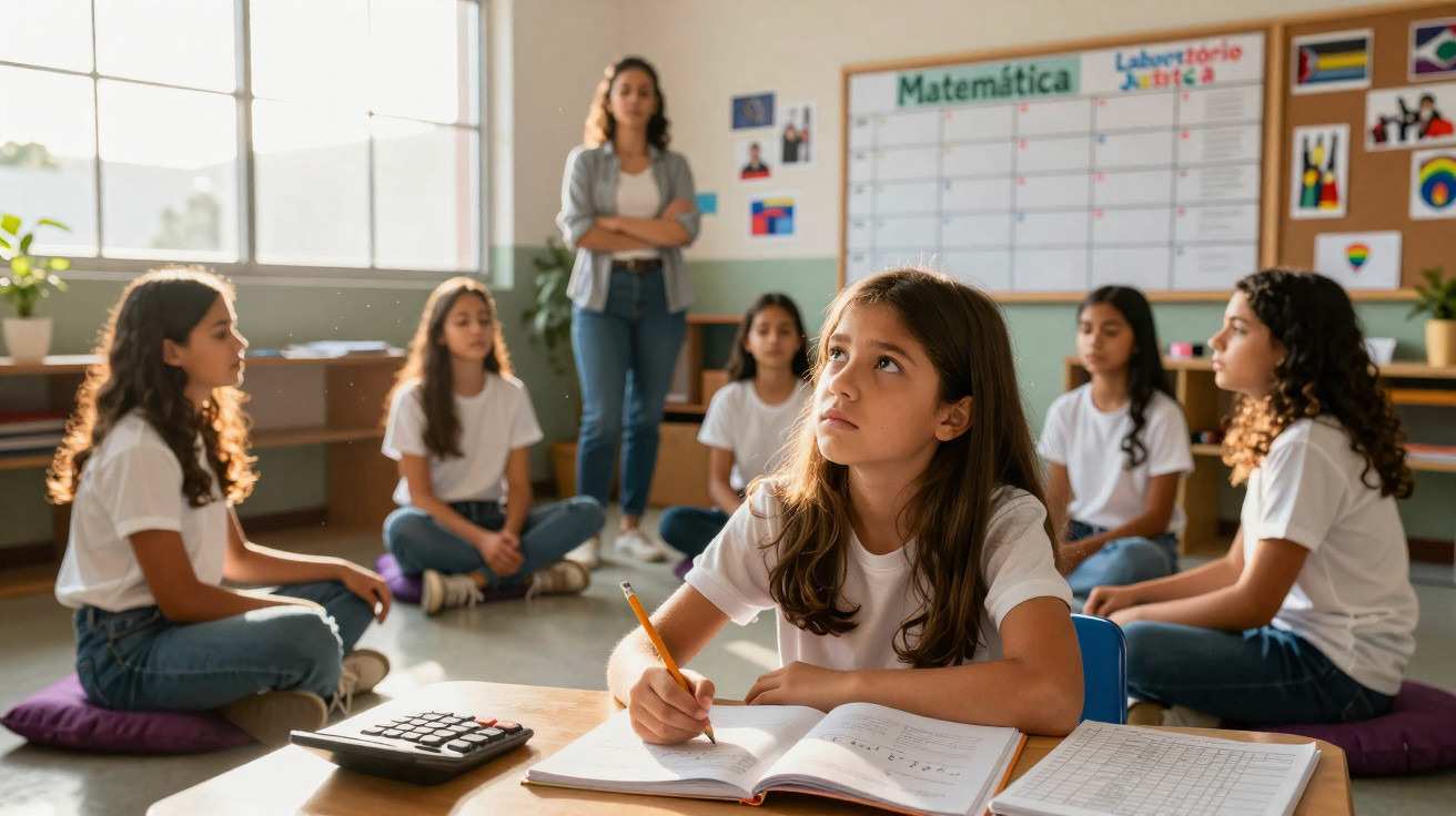 Alunas sentadas no chão da sala de aula com professora, menina da frente escreve em caderno olhando para cima.