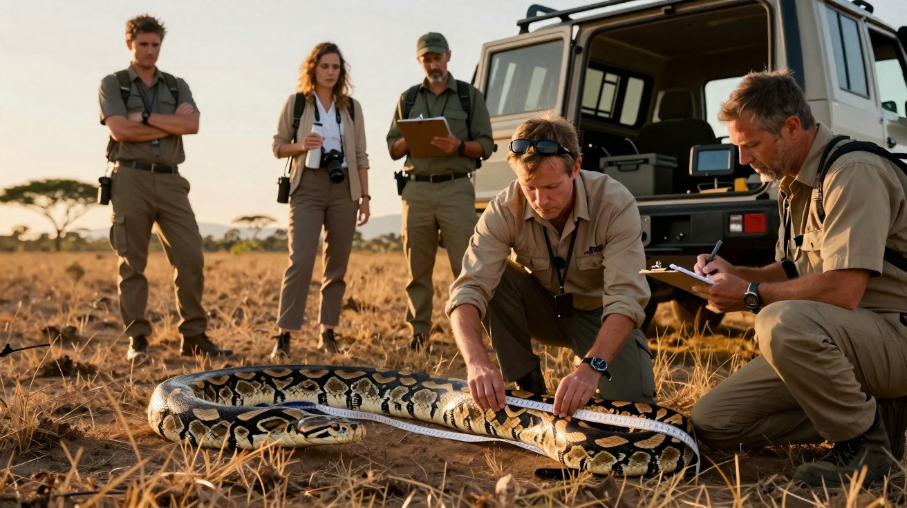 Grupo de investigadores a medir uma grande cobra numa savana ao lado de um jipe branco.
