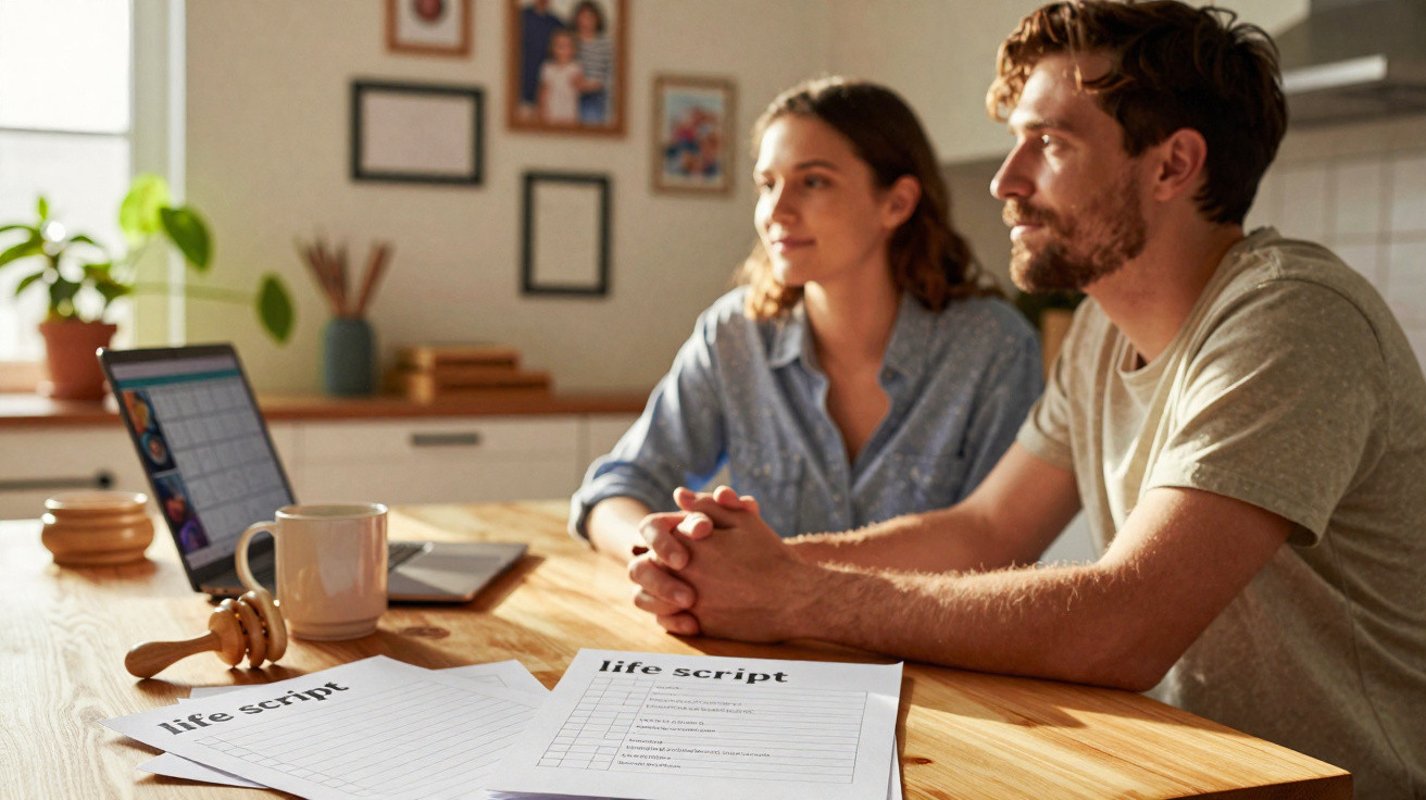 Casal sentado à mesa com documentos intitulados "life script" e computador portátil à frente.
