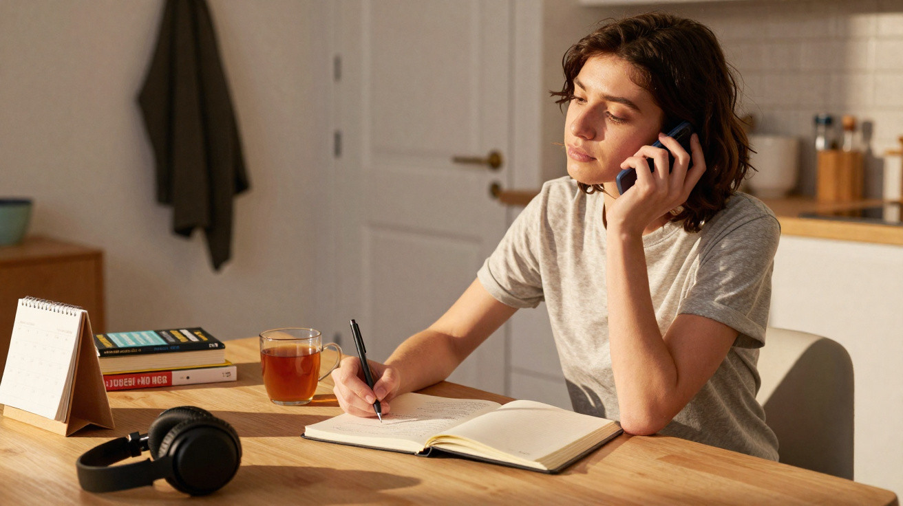 Mulher sentada a escrever num caderno enquanto fala ao telemóvel numa mesa com chá e auscultadores.