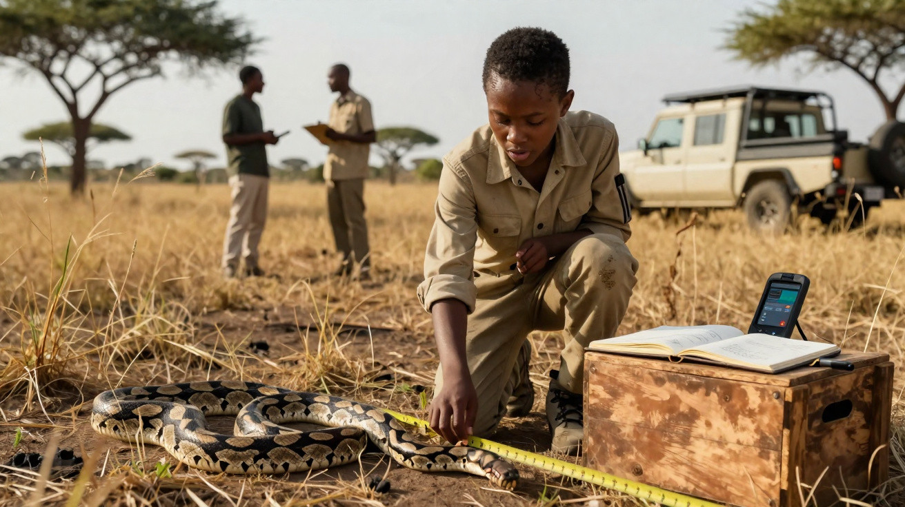 Jovem mede uma cobra numa savana com dois adultos ao fundo e equipamentos de campo ao lado.