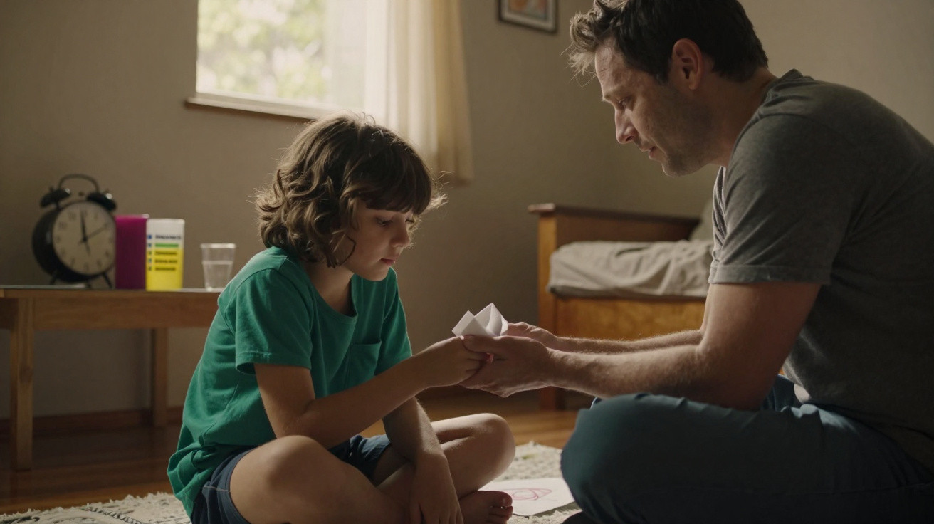 Pai e filho sentados no chão da sala a manusear um barquinho de papel juntos.