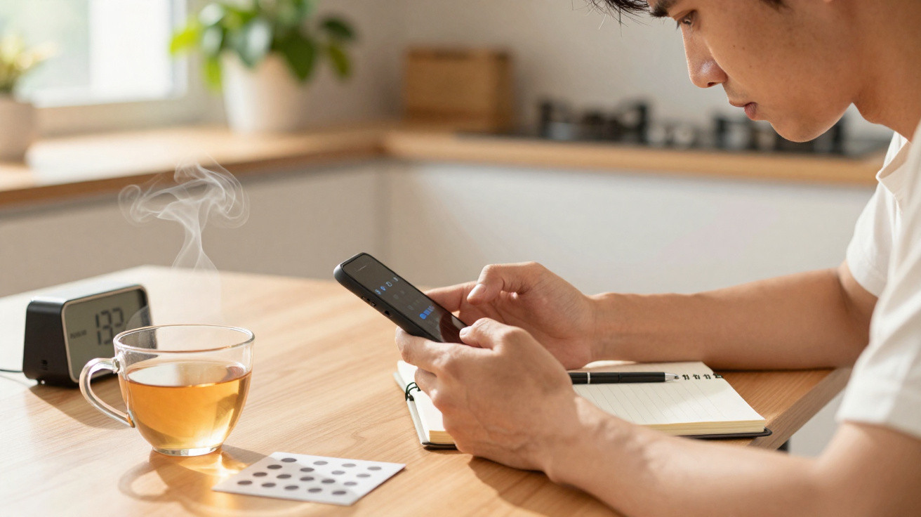 Pessoa a usar telemóvel sentada numa mesa com chá quente, caderno e comprimidos.