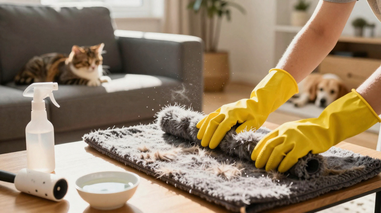 Pessoa com luvas amarelas a limpar pelos de animal de um tapete cinzento numa sala com gato e cão ao fundo.