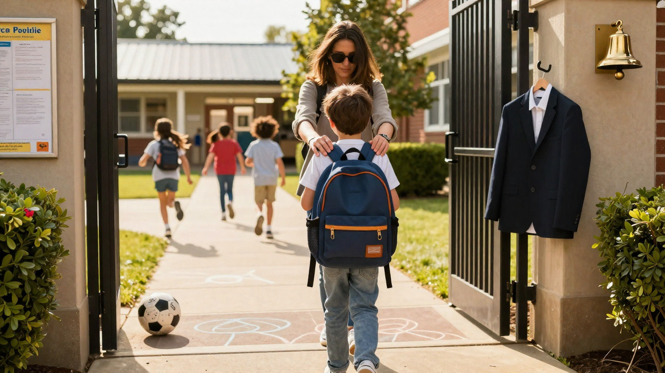 Mãe acompanha filho com mochila azul na entrada da escola, outras crianças correm no pátio ao fundo.