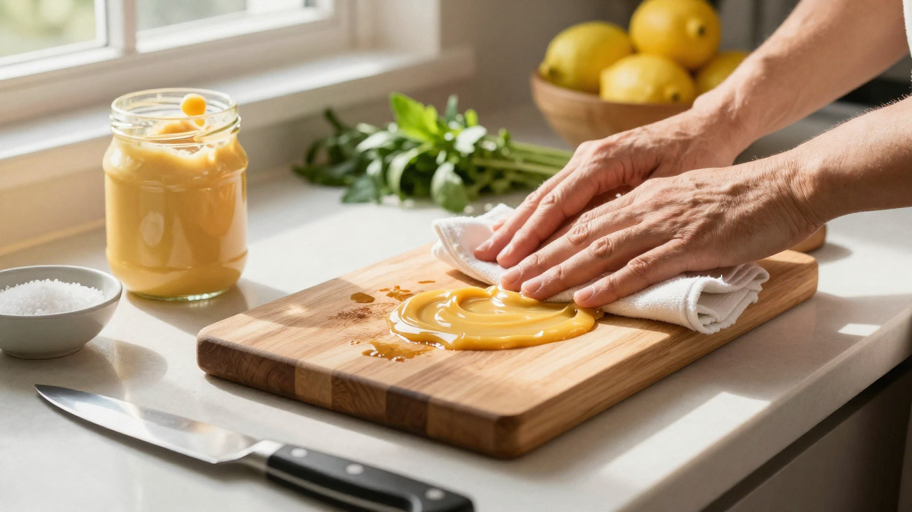 Pessoa limpa creme amarelo de tábua de madeira numa cozinha iluminada por janela.