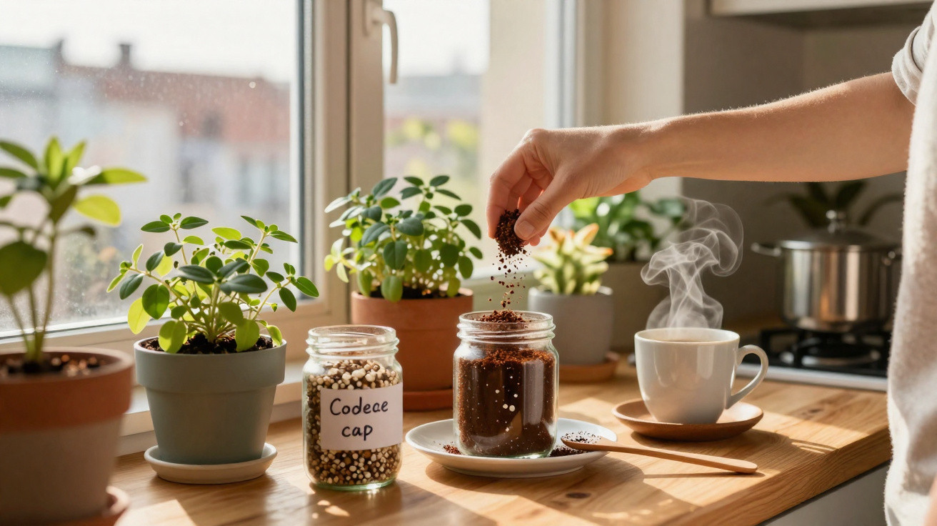 Mão a colocar café moído em frasco numa cozinha luminosa com vasos de plantas e chávena de chá quente.