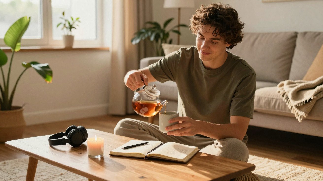 Jovem sentado no chão de uma sala a servir chá numa chávena, com caderno, vela e auscultadores na mesa de madeira.