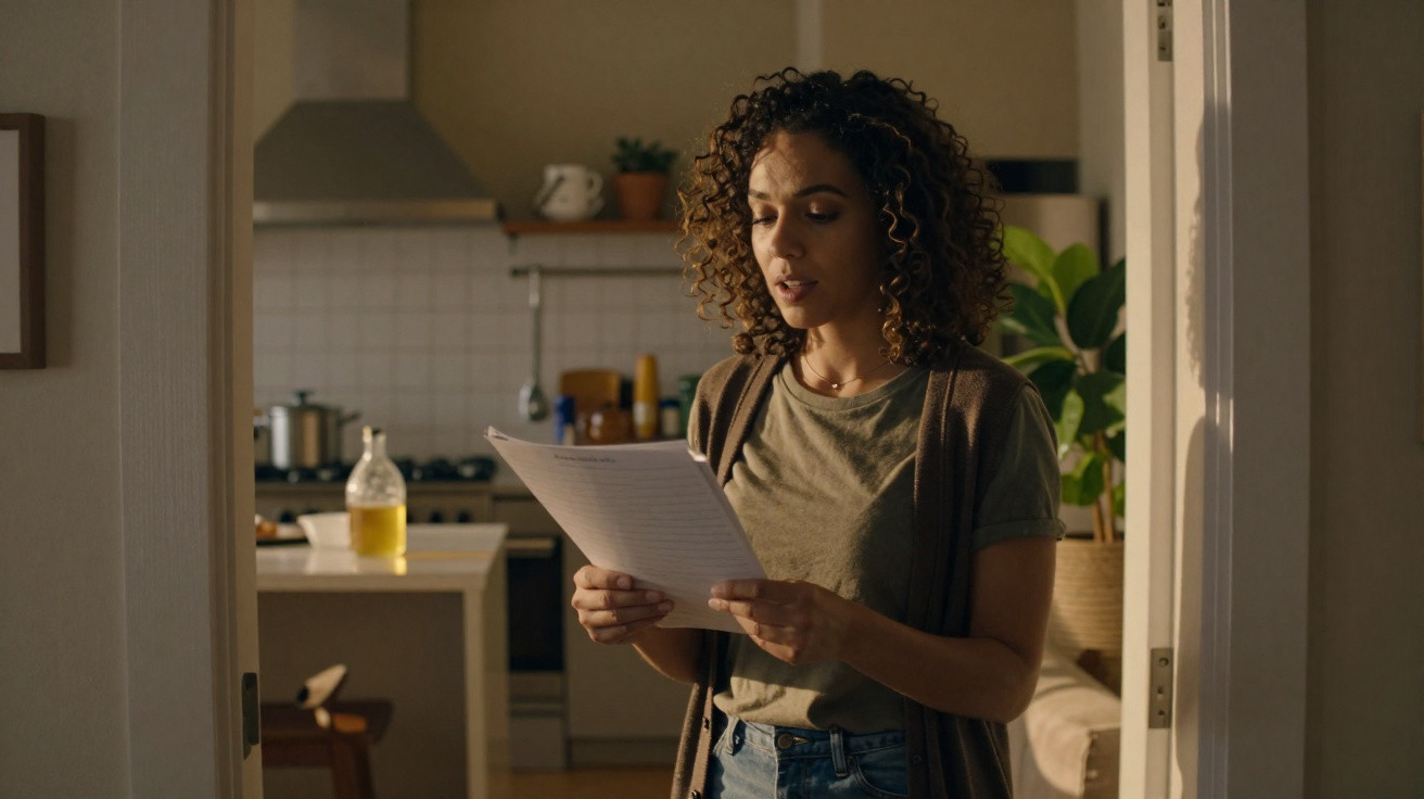 Mulher de cabelo encaracolado a ler um papel numa sala iluminada com cozinha ao fundo.