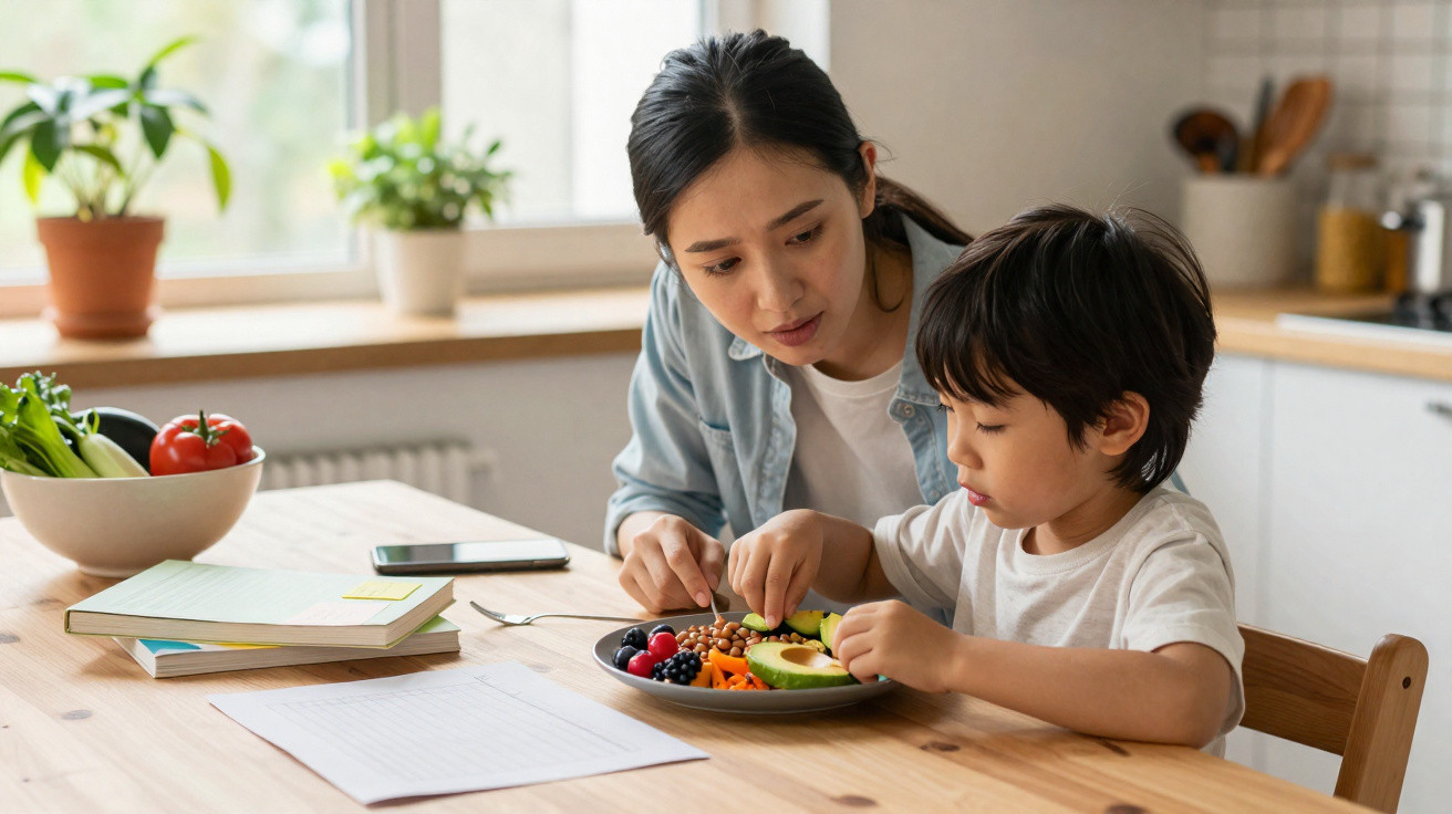 Mãe ajuda filho a aprender sobre comida saudável enquanto estão sentados à mesa na cozinha.